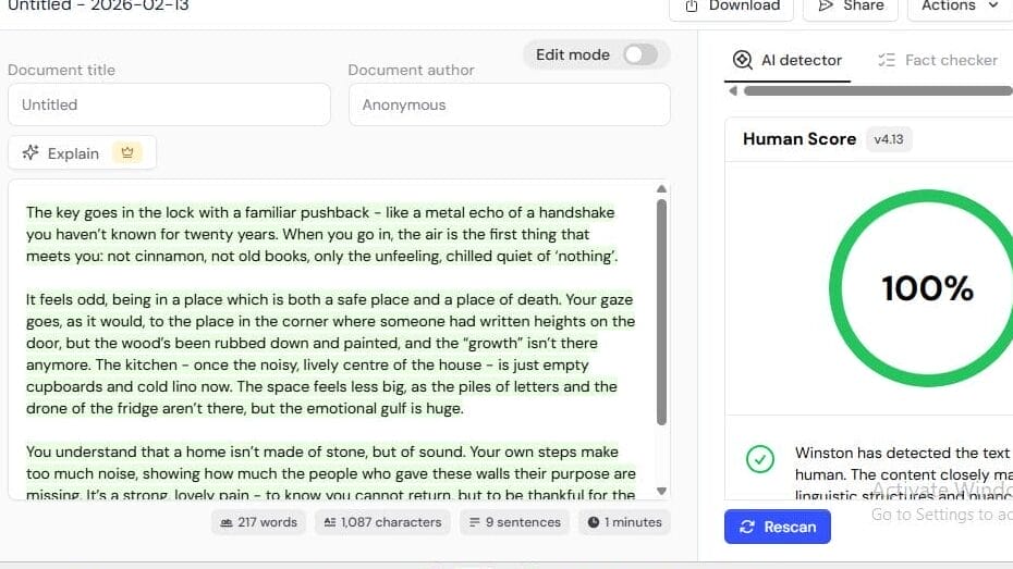 winston ai 100% human assessment