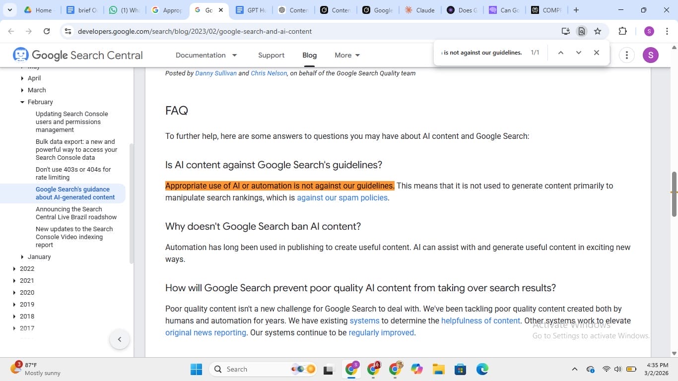 Google AI content policy statement - appropriate use of AI is not against guidelines