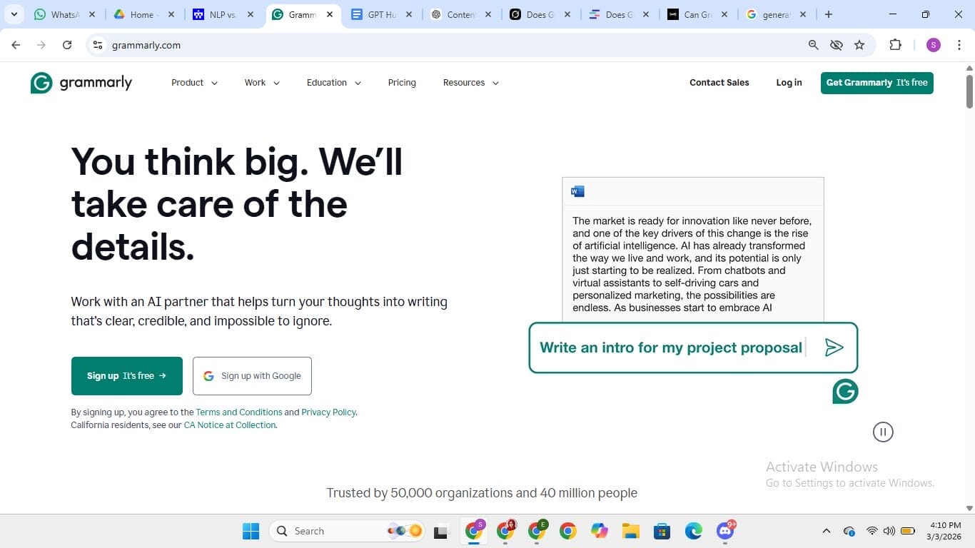 Page d'accueil de Grammarly montrant les fonctionnalités d'assistant d'écriture IA en 2026