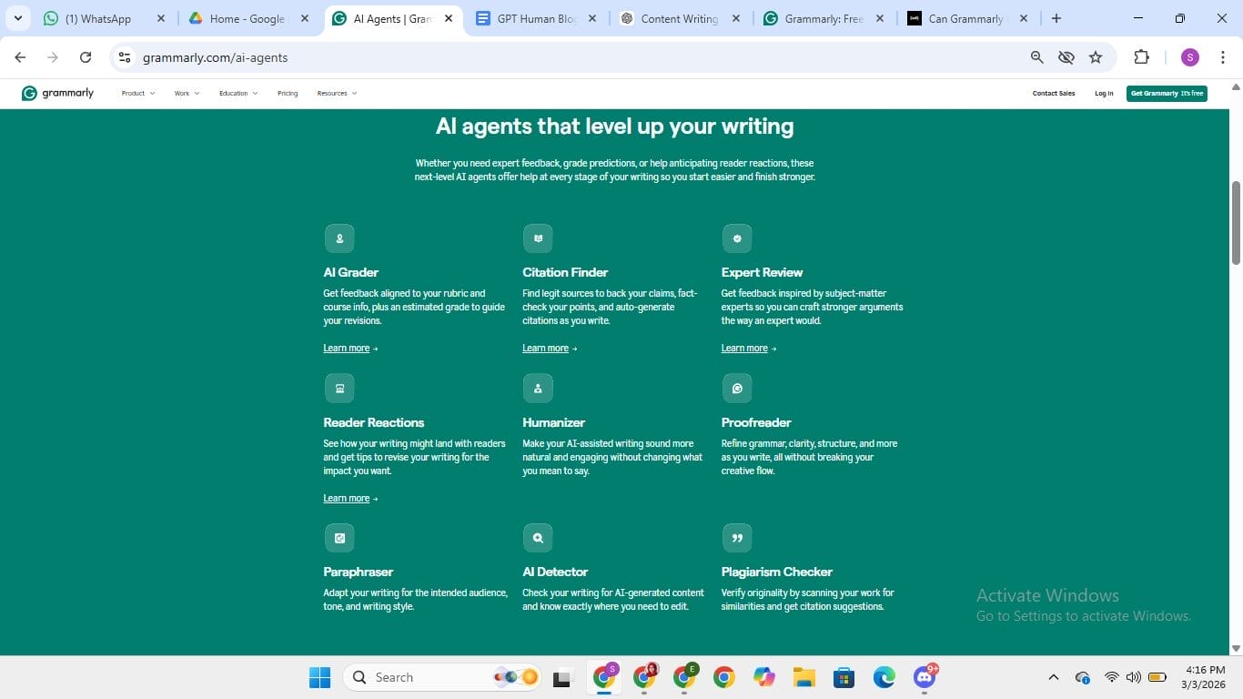 Page des agents IA de Grammarly montrant des outils incluant l'humaniseur, le détecteur d'IA et le paraphraseur