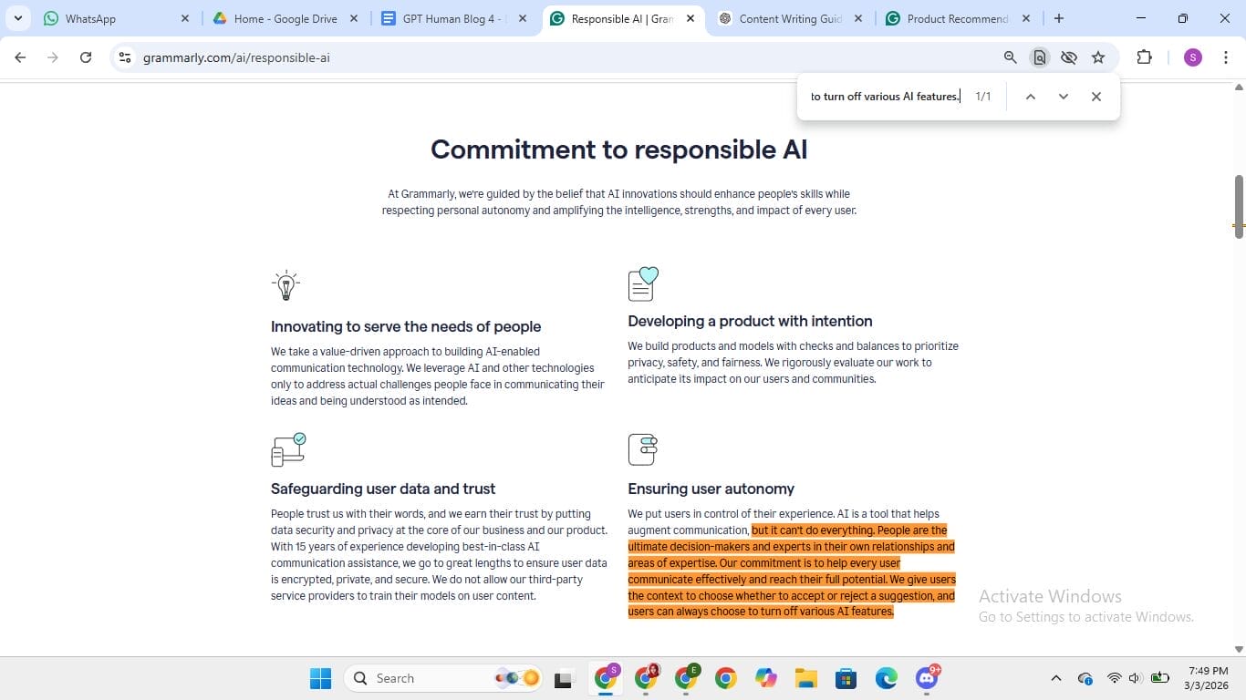 Page d'engagement de Grammarly pour une IA responsable, soulignant l'autonomie de l'utilisateur et la prise de décision