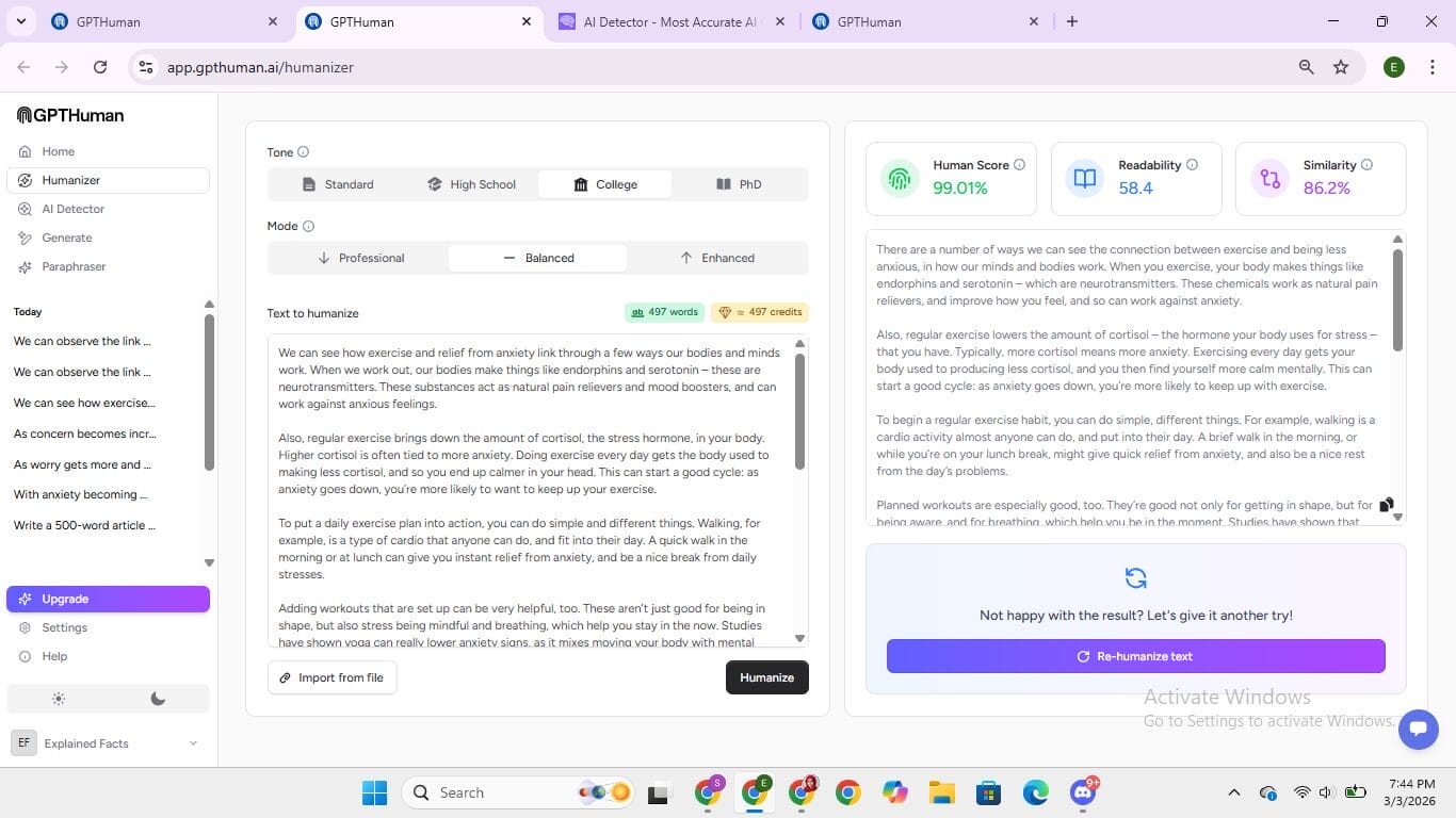 Outil d'humanisation GPTHuman montrant un score humain de 99,01 % après humanisation du contenu généré par l'IA