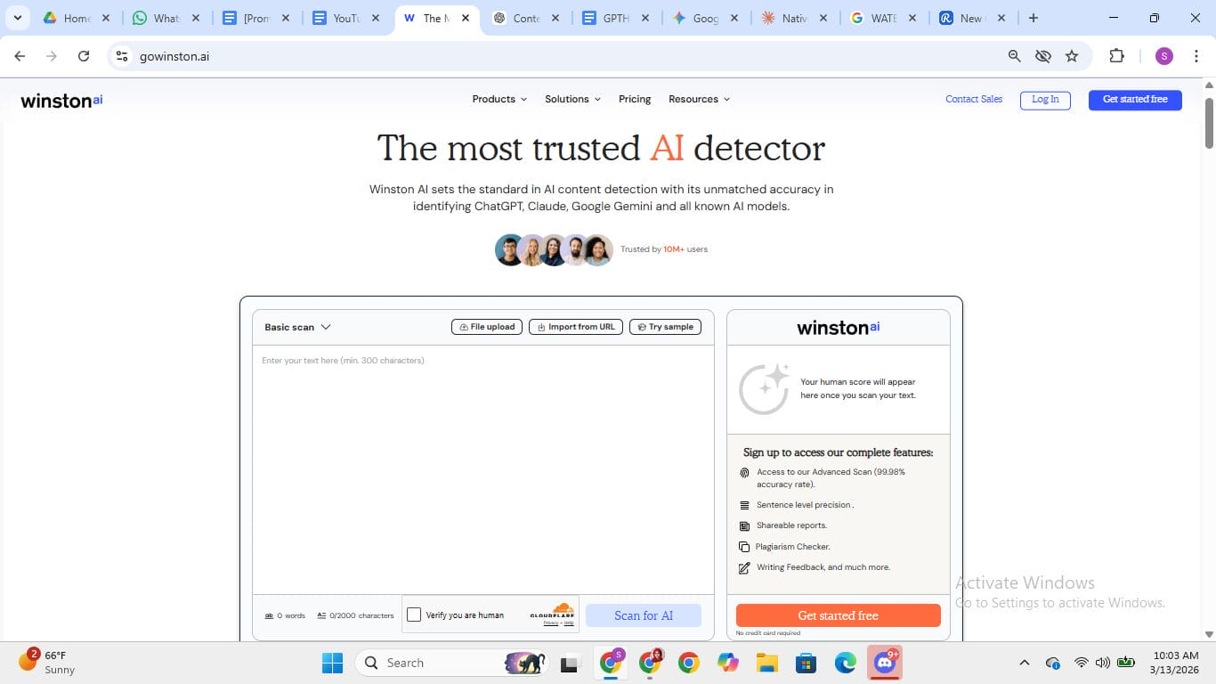 Page d’accueil de Winston AI affichant l’interface du détecteur d’IA le plus fiable