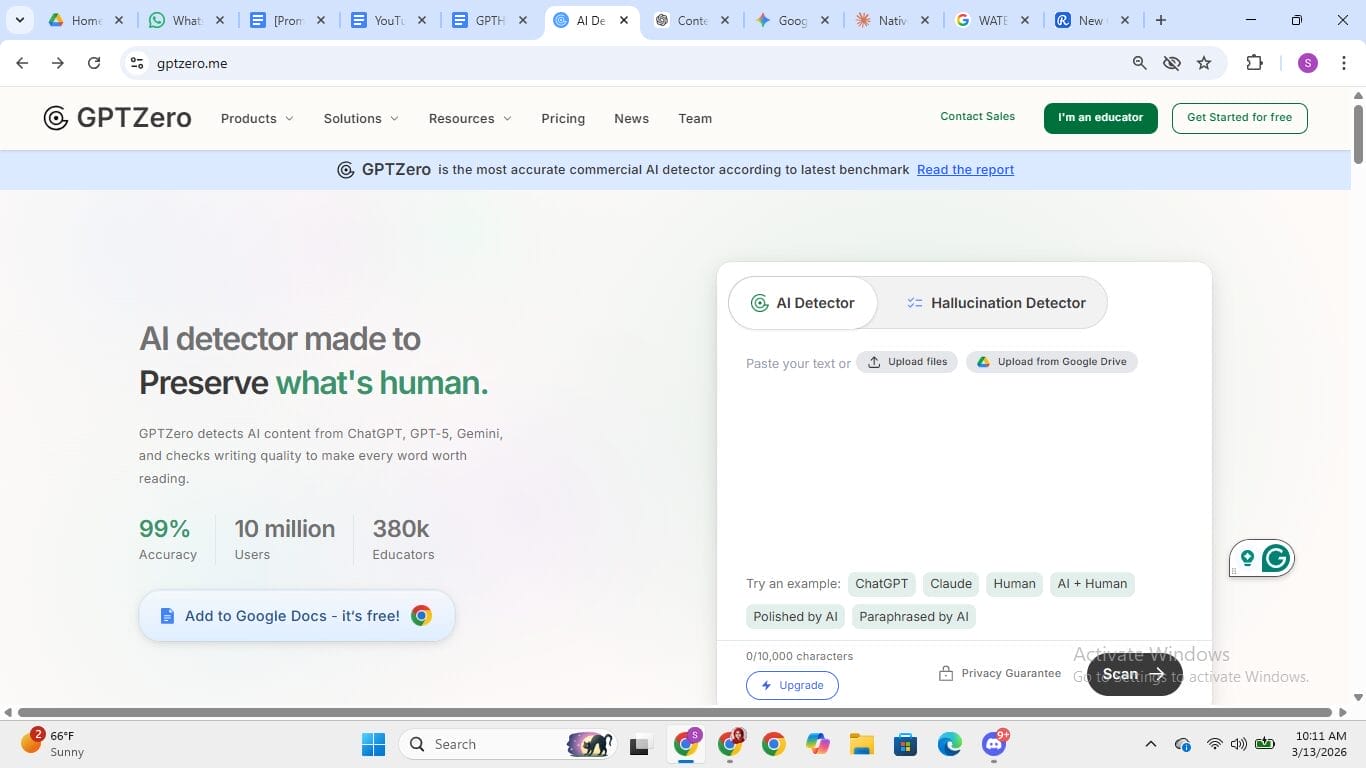 Page d’accueil de GPTZero présentant l’interface du détecteur d’IA avec une revendication de précision de 99 %