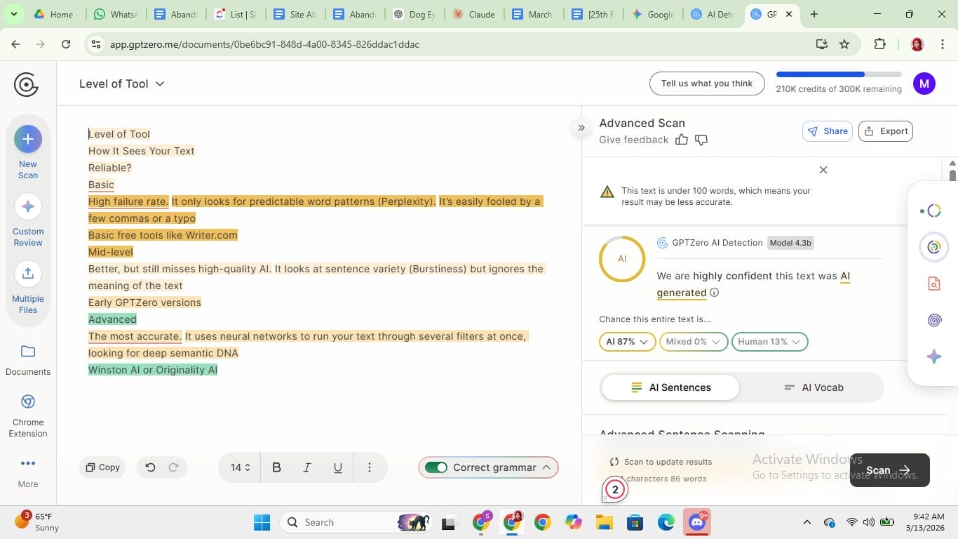 GPTZero signalant à tort un texte écrit par un humain comme étant un faux positif généré à 87 % par l’IA