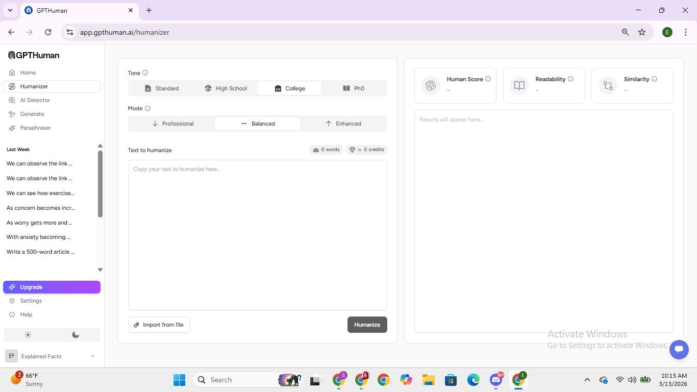 Interface de l’outil d’humanisation GPTHuman avec les paramètres de tonalité et de mode