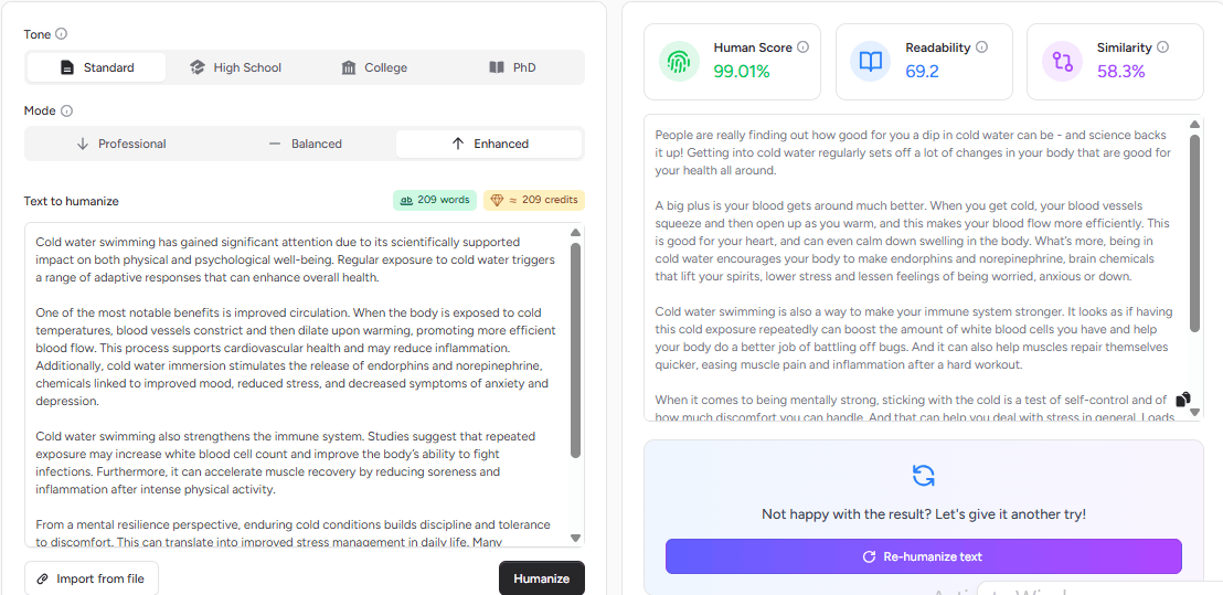 GPTHuman.ai humanized output showing 99.01% human score