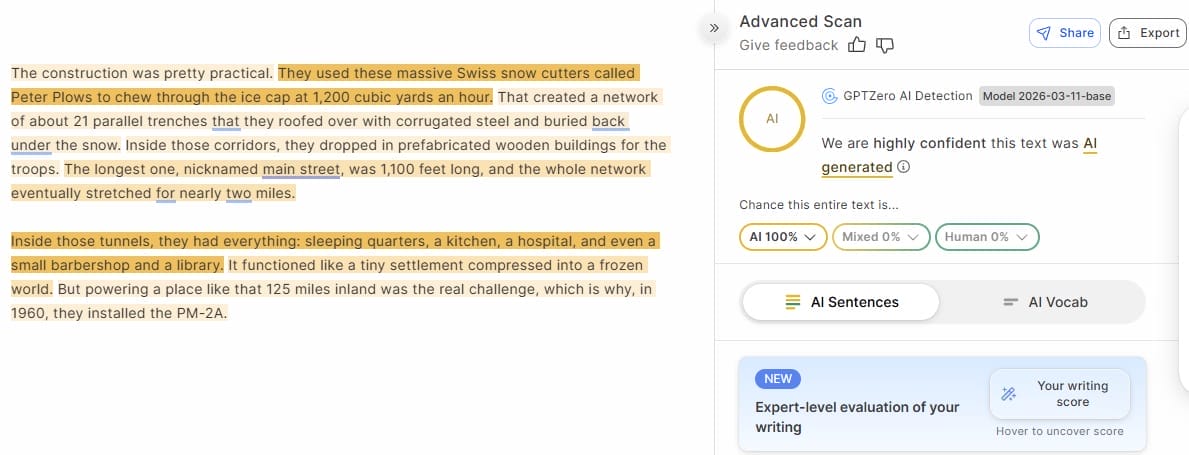 GPTZero advanced scan result showing 100 percent AI detected text