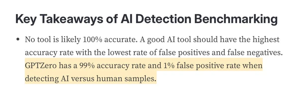 GPTZero AI detection benchmark accuracy key takeaways