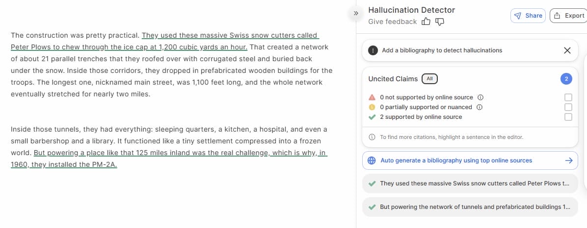 GPTZero hallucination detector showing uncited claims analysis