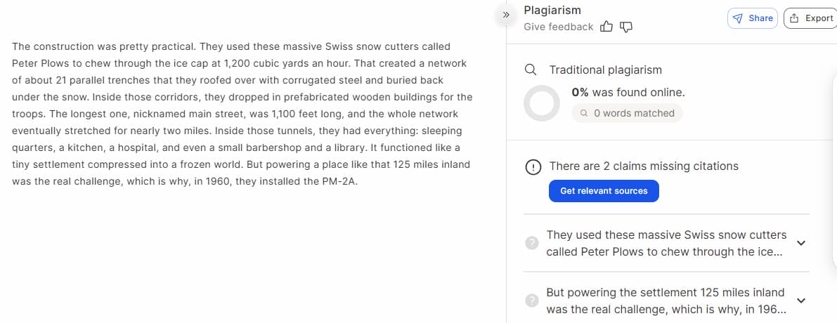 GPTZero plagiarism checker result showing 0 percent plagiarism