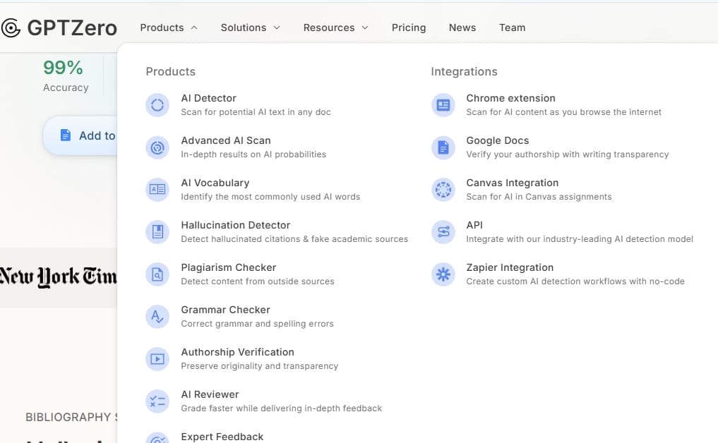 GPTZero website products and features overview