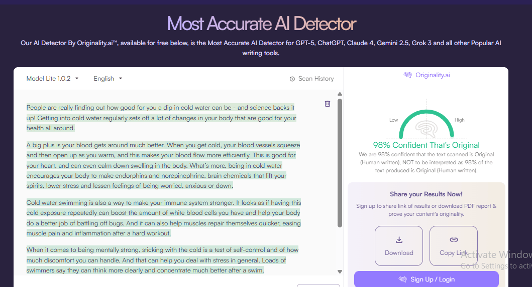 Originality.ai AI detector showing 98% confidence text is human-written