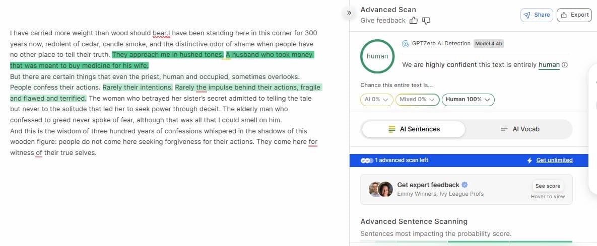 GPTZero results for Humanize AI Pro - 100% human