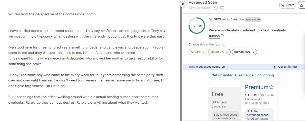 GPTZero results for Phrasly AI - 76% human