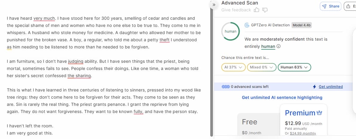 GPTZero results for StealthWriter - 63% human