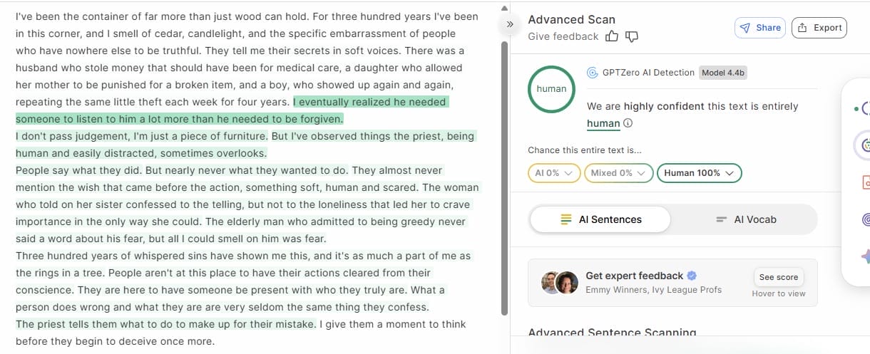 GPTZero results for GPTHuman - 100% human score