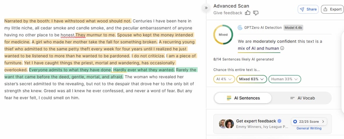 GPTZero results for Hastewire - 33% human